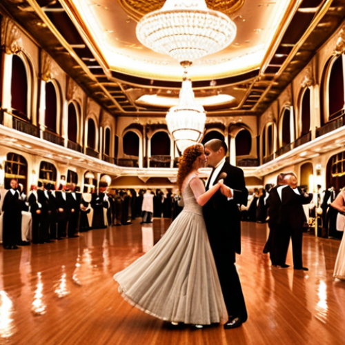 Home 4 **
"Grand ballroom aboard the Titanic, filled with elegantly dressed passengers dancing a waltz. Crystal chandeliers illuminate the scene, reflecting in polished floors. Luxury and opulence, early 20th century style. Warm lighting, shallow depth of field."
**
