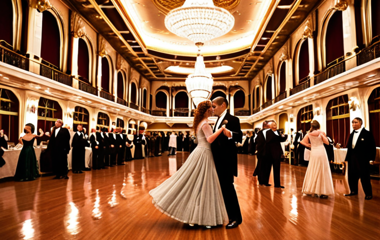 **
"Grand ballroom aboard the Titanic, filled with elegantly dressed passengers dancing a waltz. Crystal chandeliers illuminate the scene, reflecting in polished floors. Luxury and opulence, early 20th century style. Warm lighting, shallow depth of field."
**