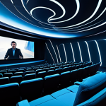 A professional, high-tech interior of a futuristic cinema auditorium designed for total immersion. The space features flexible, dynamic screens that seamlessly curve across walls and ceiling, creating a frameless and expansive visual environment. Subtle, ethereal holographic projections hover within the space, hinting at advanced interactive elements. The lighting is sophisticated and adaptive, highlighting the sleek, modular design. The atmosphere is clean, elegant, and technologically advanced, ready for a groundbreaking cinematic experience. professional photography, ultra-high definition, futuristic aesthetic, clean lines, vibrant colors, expert lighting, safe for work, appropriate content, fully clothed, modest, family-friendly.