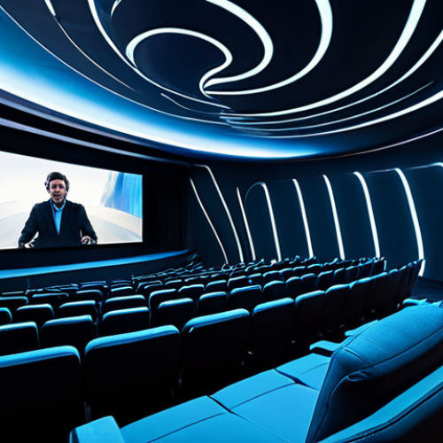 Home 25 A professional, high-tech interior of a futuristic cinema auditorium designed for total immersion. The space features flexible, dynamic screens that seamlessly curve across walls and ceiling, creating a frameless and expansive visual environment. Subtle, ethereal holographic projections hover within the space, hinting at advanced interactive elements. The lighting is sophisticated and adaptive, highlighting the sleek, modular design. The atmosphere is clean, elegant, and technologically advanced, ready for a groundbreaking cinematic experience. professional photography, ultra-high definition, futuristic aesthetic, clean lines, vibrant colors, expert lighting, safe for work, appropriate content, fully clothed, modest, family-friendly.