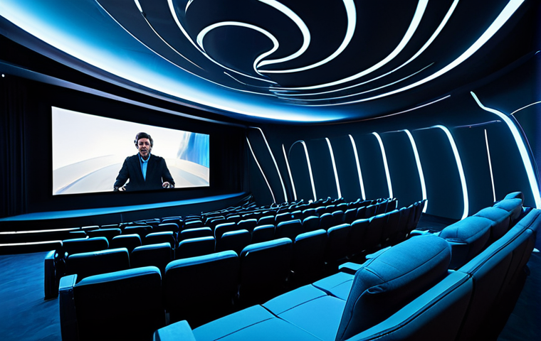 A professional, high-tech interior of a futuristic cinema auditorium designed for total immersion. The space features flexible, dynamic screens that seamlessly curve across walls and ceiling, creating a frameless and expansive visual environment. Subtle, ethereal holographic projections hover within the space, hinting at advanced interactive elements. The lighting is sophisticated and adaptive, highlighting the sleek, modular design. The atmosphere is clean, elegant, and technologically advanced, ready for a groundbreaking cinematic experience. professional photography, ultra-high definition, futuristic aesthetic, clean lines, vibrant colors, expert lighting, safe for work, appropriate content, fully clothed, modest, family-friendly.