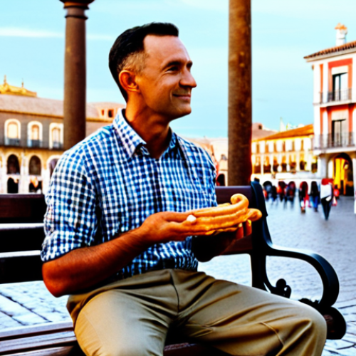 Home 24 **
Forrest Gump sitting on a park bench in a Plaza Mayor style square, wearing his iconic plaid shirt and khaki pants, a box of *churros* on the bench next to him. In the background, a bustling Spanish city scene with colorful buildings and people strolling by. Golden hour lighting, cinematic, highly detailed, 8k. *Es como una caja de bombones...*
**