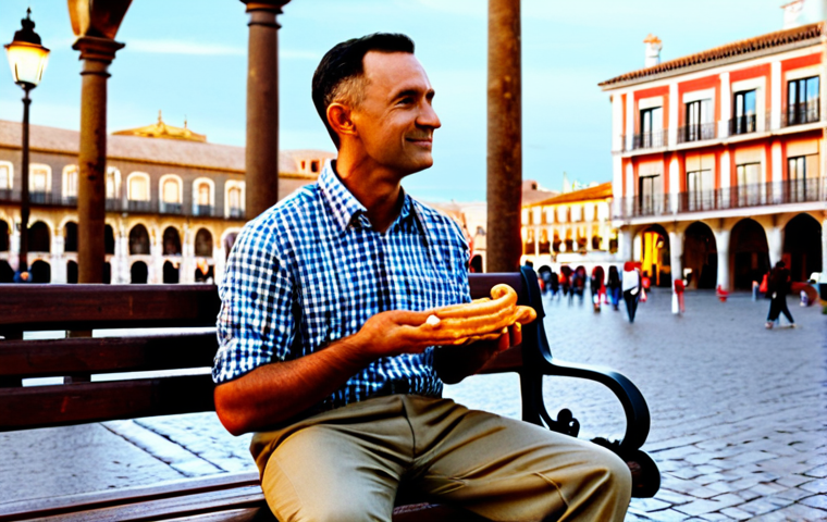 **

Forrest Gump sitting on a park bench in a Plaza Mayor style square, wearing his iconic plaid shirt and khaki pants, a box of *churros* on the bench next to him.  In the background, a bustling Spanish city scene with colorful buildings and people strolling by.  Golden hour lighting, cinematic, highly detailed, 8k. *Es como una caja de bombones...*

**