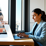 **

A professional businesswoman in a modest and stylish business suit, made of high-quality Spanish wool, working on a laptop at a sleek, modern desk in a sunlit Madrid office. The background features iconic Spanish architecture visible through the large windows. Fully clothed, appropriate attire, safe for work, perfect anatomy, natural proportions, professional photography, high quality.

**