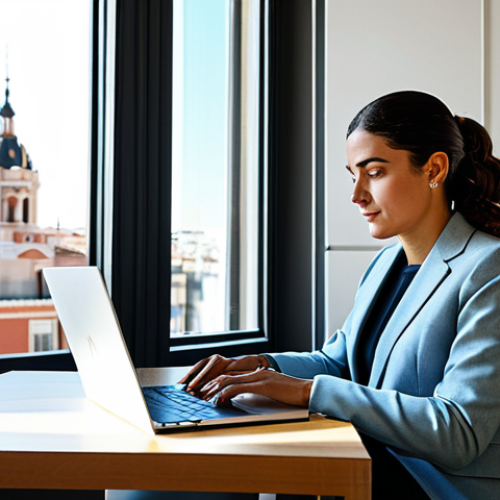 Home 23 **
A professional businesswoman in a modest and stylish business suit, made of high-quality Spanish wool, working on a laptop at a sleek, modern desk in a sunlit Madrid office. The background features iconic Spanish architecture visible through the large windows. Fully clothed, appropriate attire, safe for work, perfect anatomy, natural proportions, professional photography, high quality.
**