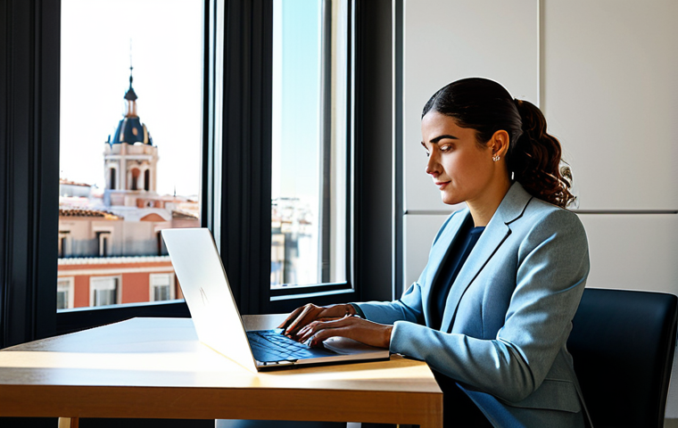 **

A professional businesswoman in a modest and stylish business suit, made of high-quality Spanish wool, working on a laptop at a sleek, modern desk in a sunlit Madrid office. The background features iconic Spanish architecture visible through the large windows. Fully clothed, appropriate attire, safe for work, perfect anatomy, natural proportions, professional photography, high quality.

**