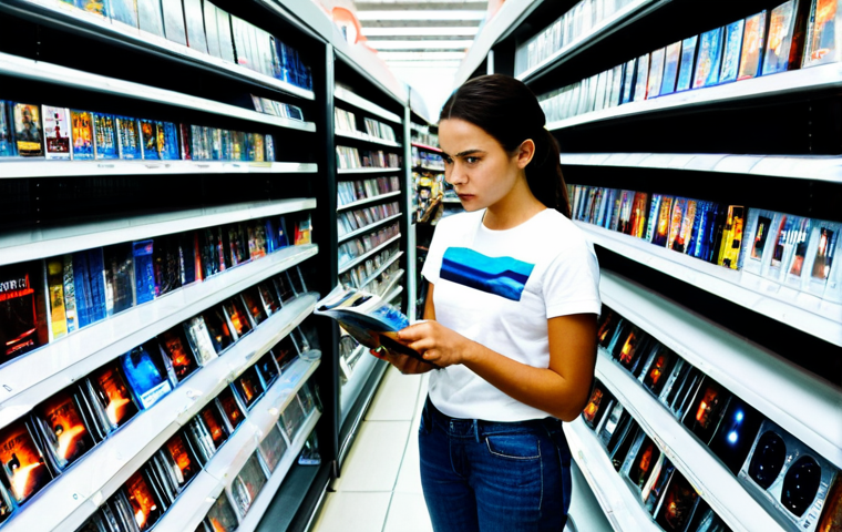 포레스트 검프 블루레이 구매 - Searching in a Physical Store**
"A brightly lit aisle in a large electronics store. A woman with a ...