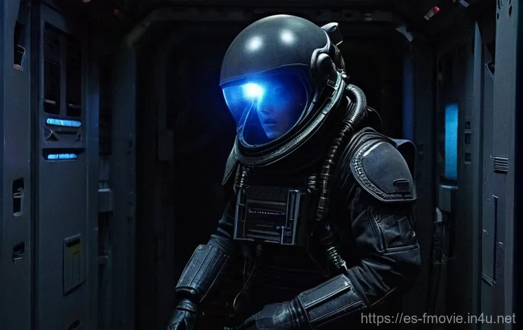 리들리 스콧 영화 세계관 - "Alien" - The Nostromo's Claustrophobic Terror**
A dimly lit, narrow corridor inside a futuristic sp...