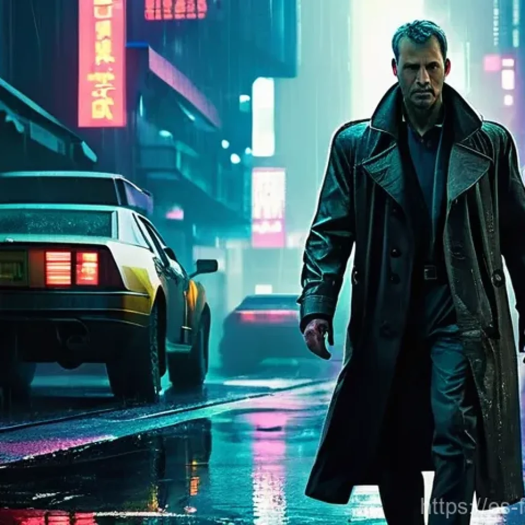 리들리 스콧 대표작 - **"Neon-Drenched Cyberpunk Detective"**
A lone, trench-coat-clad detective stands under a consta...