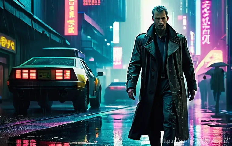 리들리 스콧 대표작 - **"Neon-Drenched Cyberpunk Detective"**
A lone, trench-coat-clad detective stands under a consta...