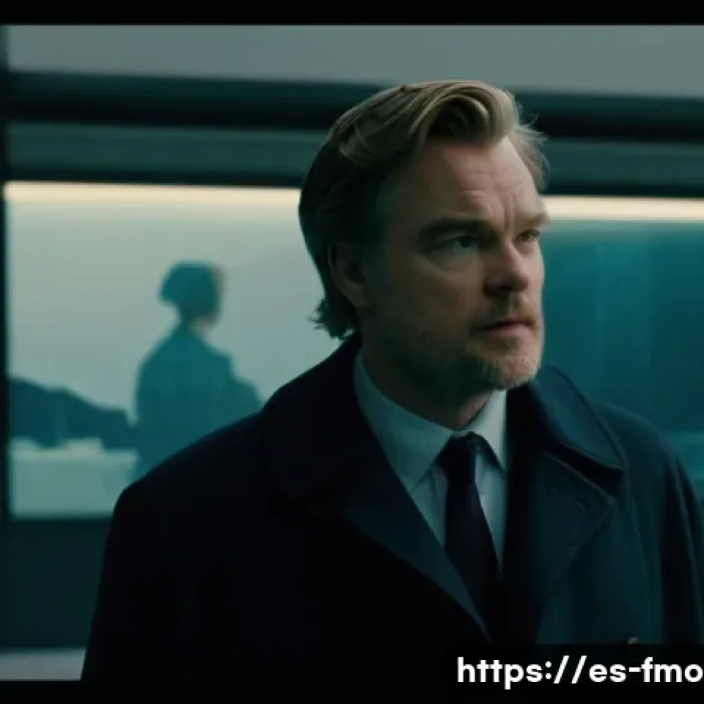 크리스토퍼 놀란 작품 추천 - A cinematic scene inspired by Christopher Nolan’s non-linear storytelling: a fragmented cityscape bl...