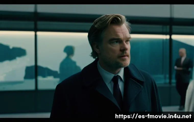 크리스토퍼 놀란 작품 추천 - A cinematic scene inspired by Christopher Nolan’s non-linear storytelling: a fragmented cityscape bl...