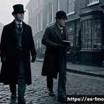 Home 16 셜록 홈즈 영화 평점 - A classic black-and-white cinematic scene depicting Sherlock Holmes and Dr. Watson in Victorian Lond...