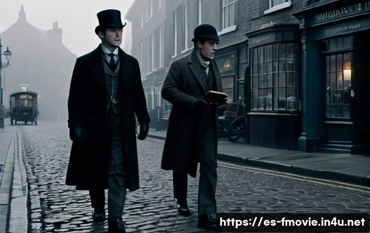셜록 홈즈 영화 평점 - A classic black-and-white cinematic scene depicting Sherlock Holmes and Dr. Watson in Victorian Lond...