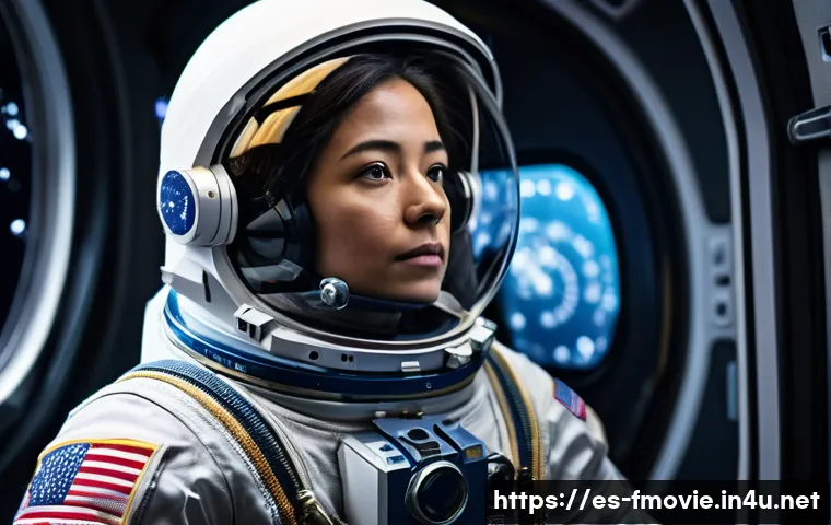 그래비티 관객수 기록 - A hyper-realistic scene of a female astronaut wearing a detailed spacesuit with visible reflections ...