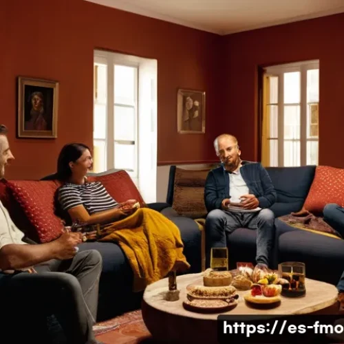 Home 33 포레스트 검프 상영 정보 - A cozy living room setting in Spain during the evening, with a diverse group of friends and family g...