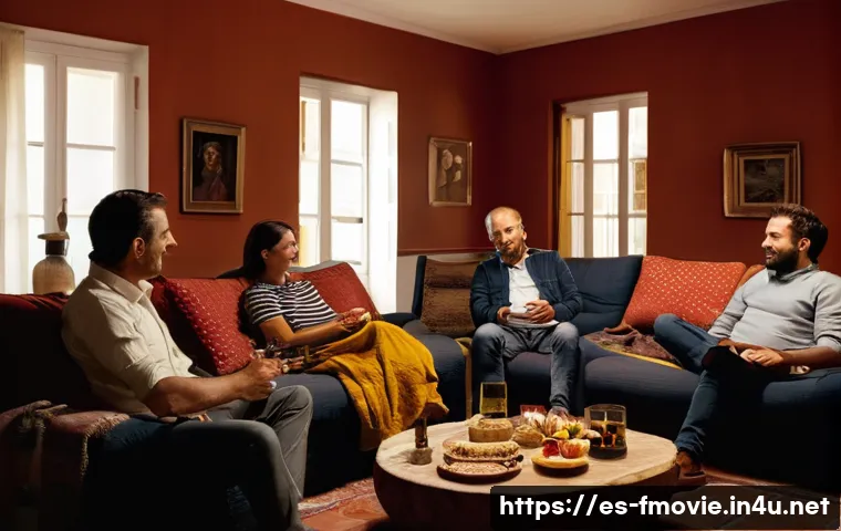 포레스트 검프 상영 정보 - A cozy living room setting in Spain during the evening, with a diverse group of friends and family g...