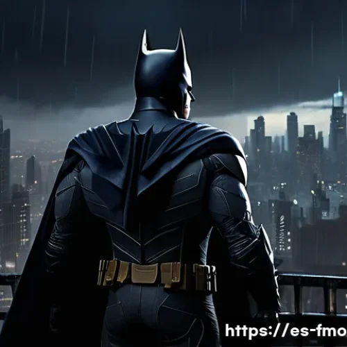 Home 32 다크 나이트 영화 소개 - A detailed cinematic scene of a brooding Batman standing on a rooftop overlooking a dark, gritty urb...
