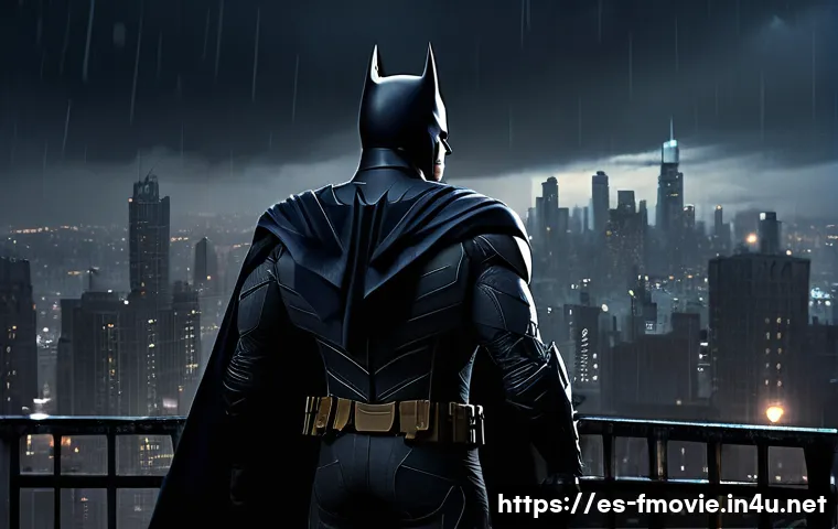 다크 나이트 영화 소개 - A detailed cinematic scene of a brooding Batman standing on a rooftop overlooking a dark, gritty urb...