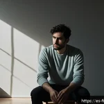 Home 18 호아킨 피닉스 출연작 - A deeply introspective and tormented male character sitting alone in a dimly lit room, wearing simpl...