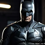 Home 23 크리스찬 베일 배트맨 연기 - A realistic superhero figure inspired by Batman, wearing a highly detailed, tactical black armored s...