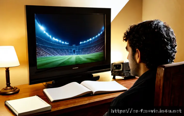 Home 17 글래디에이터 영화 평점 - Photorealistic cinematic scene of a Spanish-speaking film critic at a tidy home desk, thoughtfully w...