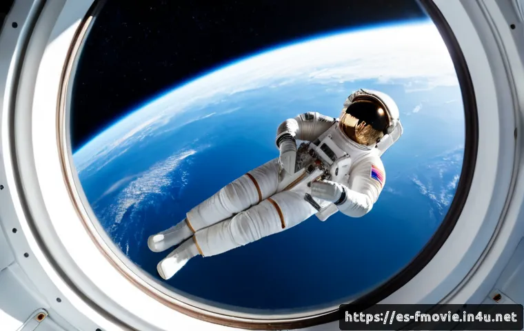 그래비티 영화 평론 - Photorealistic cinematic scene of a lone female astronaut in a fully sealed white spacesuit floating...