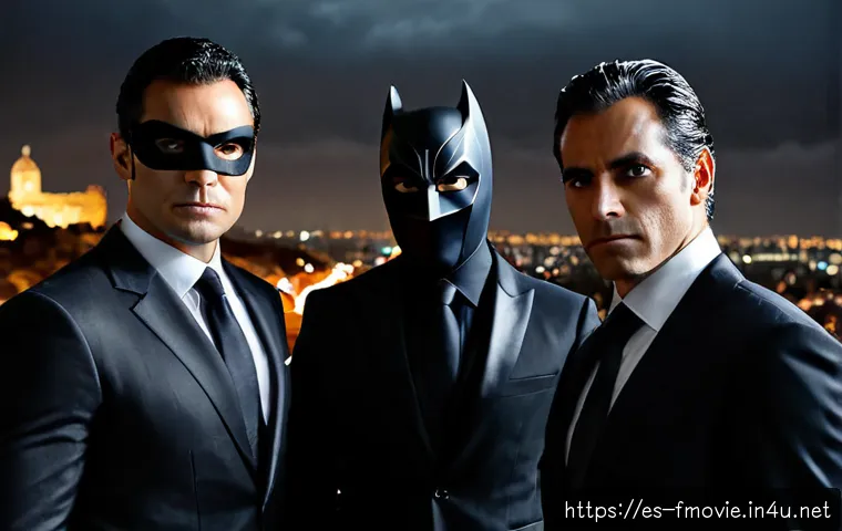 다크 나이트 출연 배우 정보 - Photorealistic cinematic studio portrait of three fictional blockbuster actors representing a broodi...